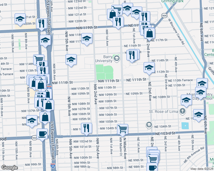 map of restaurants, bars, coffee shops, grocery stores, and more near 118 Northwest 111th Street in Miami Shores