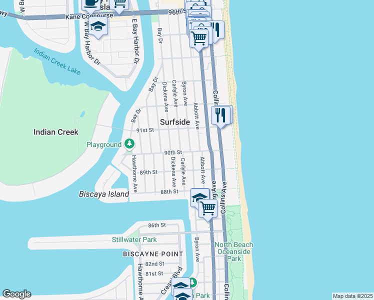 map of restaurants, bars, coffee shops, grocery stores, and more near 9017 Byron Avenue in Surfside