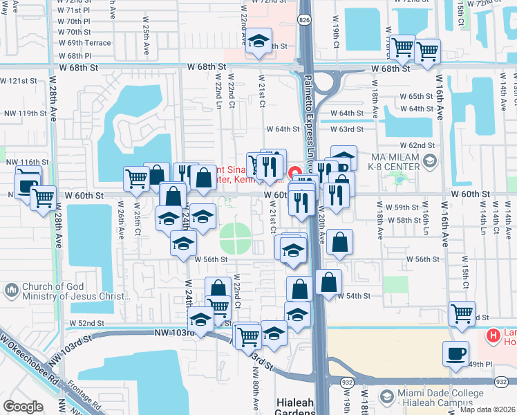 map of restaurants, bars, coffee shops, grocery stores, and more near 2154 West 60th Street in Hialeah