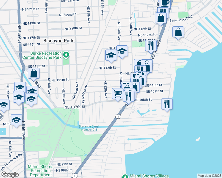 map of restaurants, bars, coffee shops, grocery stores, and more near 1210 Northeast 110th Street in Miami