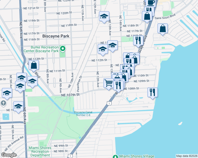 map of restaurants, bars, coffee shops, grocery stores, and more near 1210 Northeast 110th Street in Miami