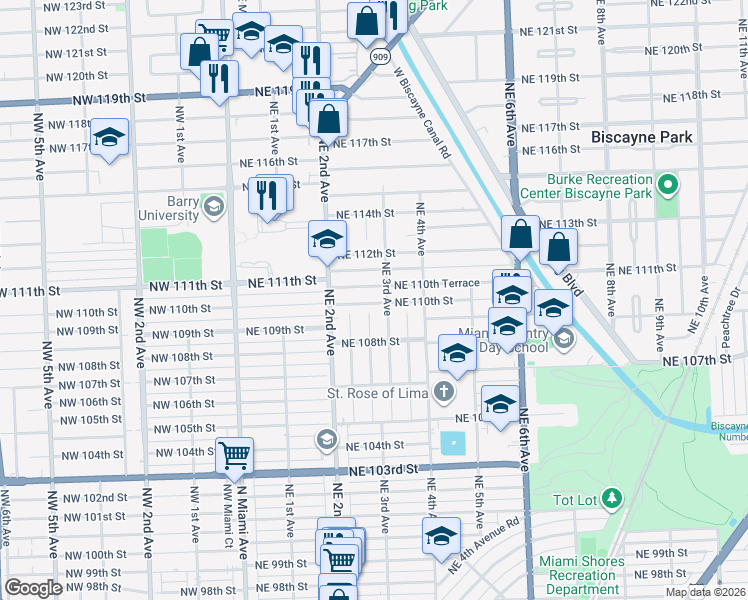 map of restaurants, bars, coffee shops, grocery stores, and more near 11005 Northeast 3rd Avenue in Miami