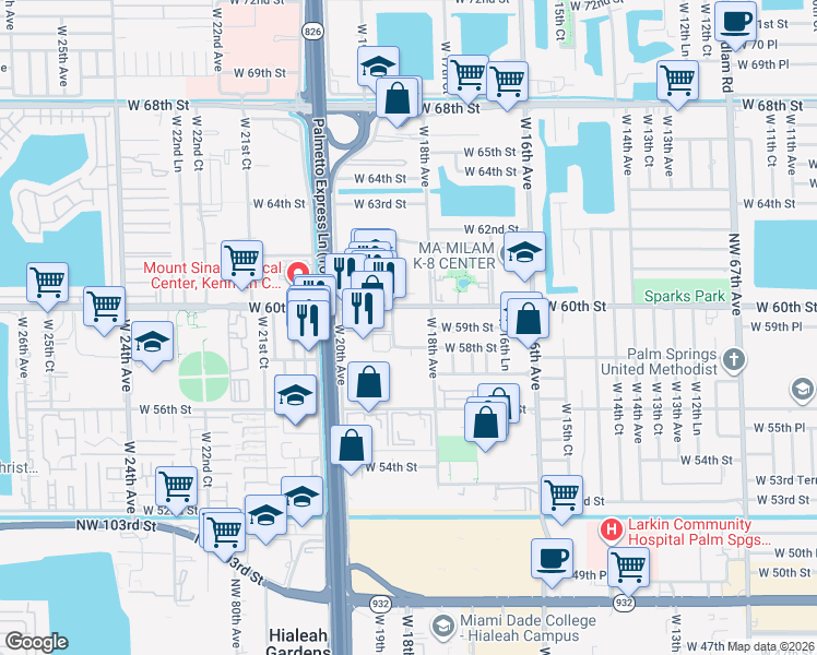 map of restaurants, bars, coffee shops, grocery stores, and more near 5936 West 18th Lane in Hialeah