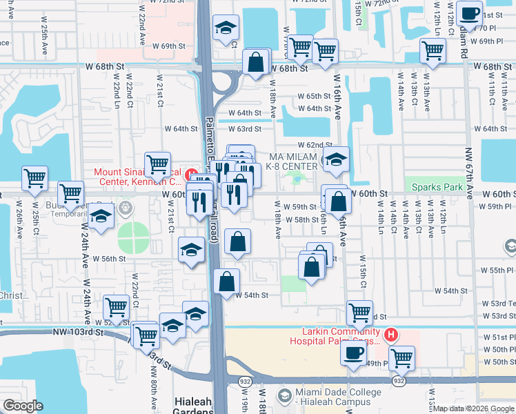 map of restaurants, bars, coffee shops, grocery stores, and more near 5936 West 18th Lane in Hialeah