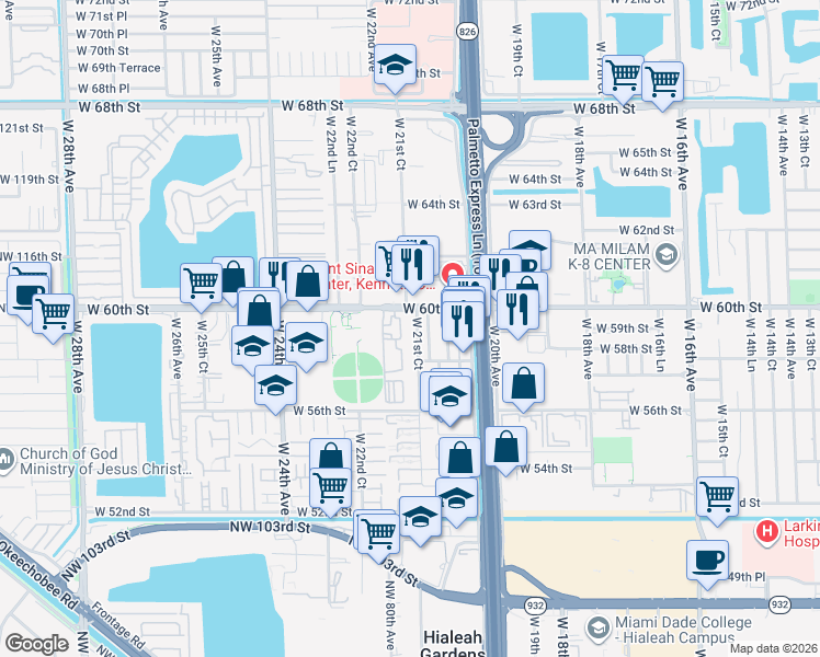 map of restaurants, bars, coffee shops, grocery stores, and more near 2154 West 60th Street in Hialeah