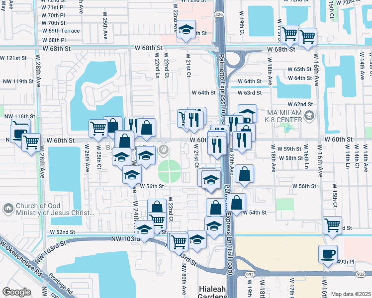 map of restaurants, bars, coffee shops, grocery stores, and more near 2154 West 60th Street in Hialeah