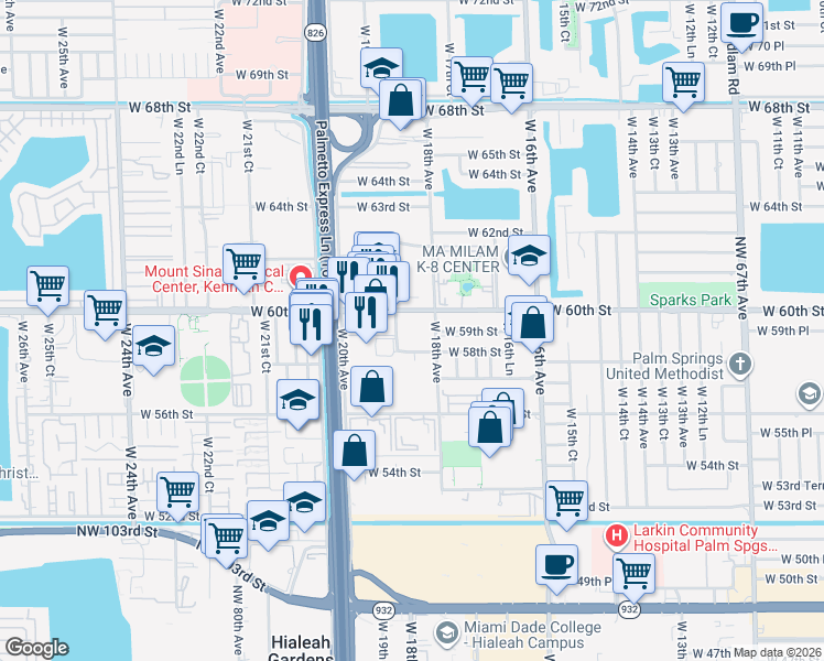map of restaurants, bars, coffee shops, grocery stores, and more near 5936 West 18th Lane in Hialeah