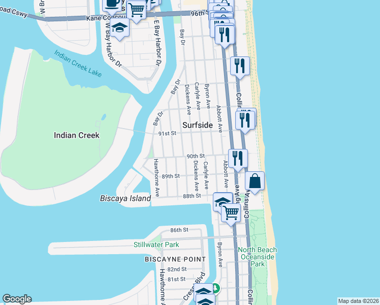 map of restaurants, bars, coffee shops, grocery stores, and more near 9016 Emerson Avenue in Surfside