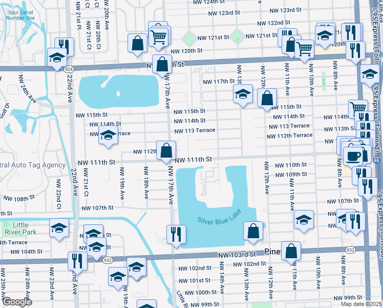 map of restaurants, bars, coffee shops, grocery stores, and more near 11111 Northwest 15th Court in Miami