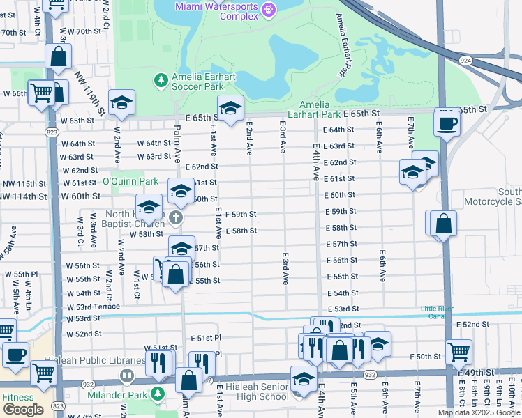 map of restaurants, bars, coffee shops, grocery stores, and more near 217 East 59th Street in Hialeah