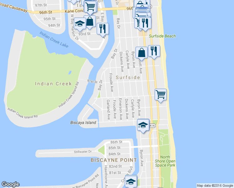 map of restaurants, bars, coffee shops, grocery stores, and more near 9016 Emerson Avenue in Surfside