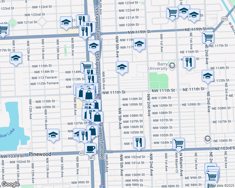 map of restaurants, bars, coffee shops, grocery stores, and more near 11030 Northwest 5th Avenue in Miami