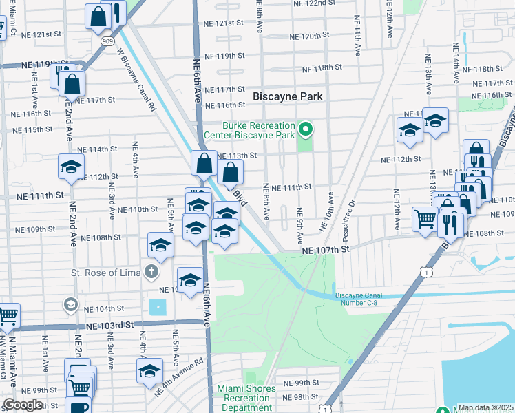 map of restaurants, bars, coffee shops, grocery stores, and more near 10931 Griffing Boulevard in Biscayne Park