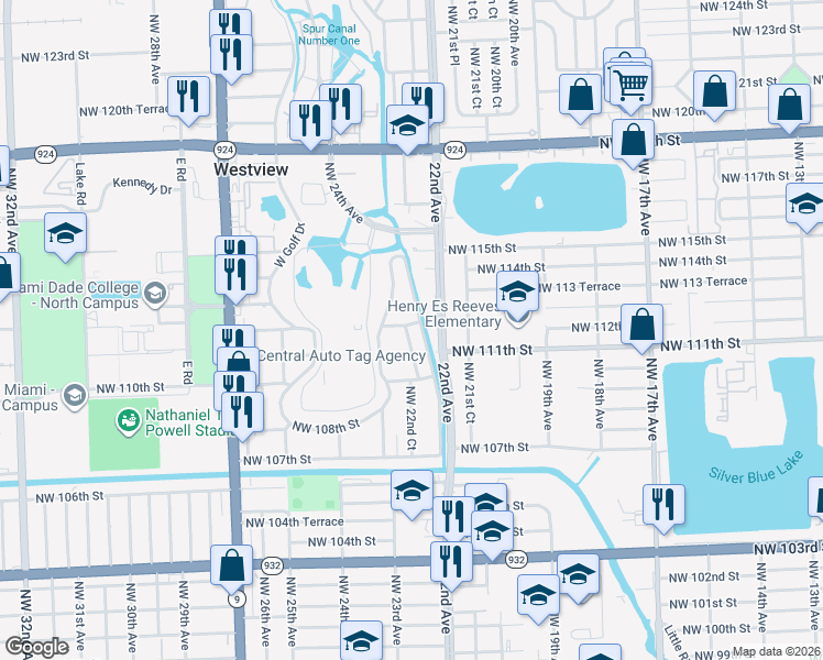map of restaurants, bars, coffee shops, grocery stores, and more near 11200 Northwest 22nd Avenue in Miami