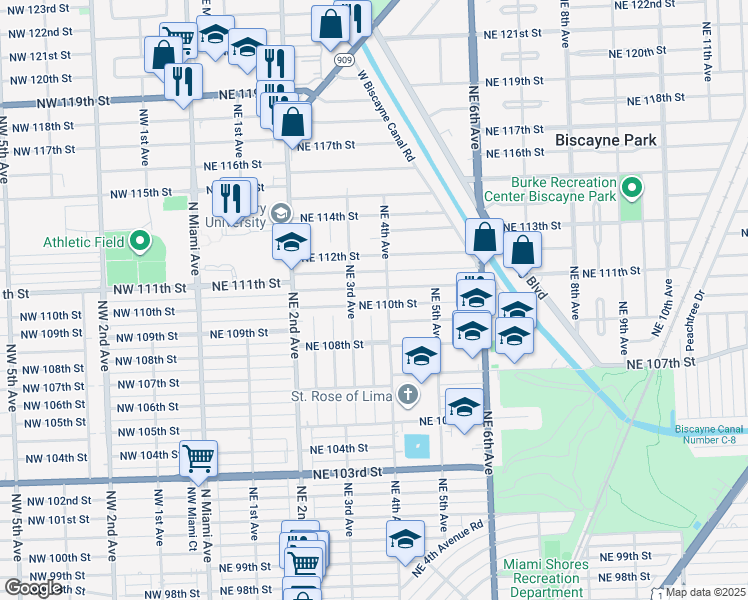 map of restaurants, bars, coffee shops, grocery stores, and more near 11010 Northeast 4th Avenue in Miami