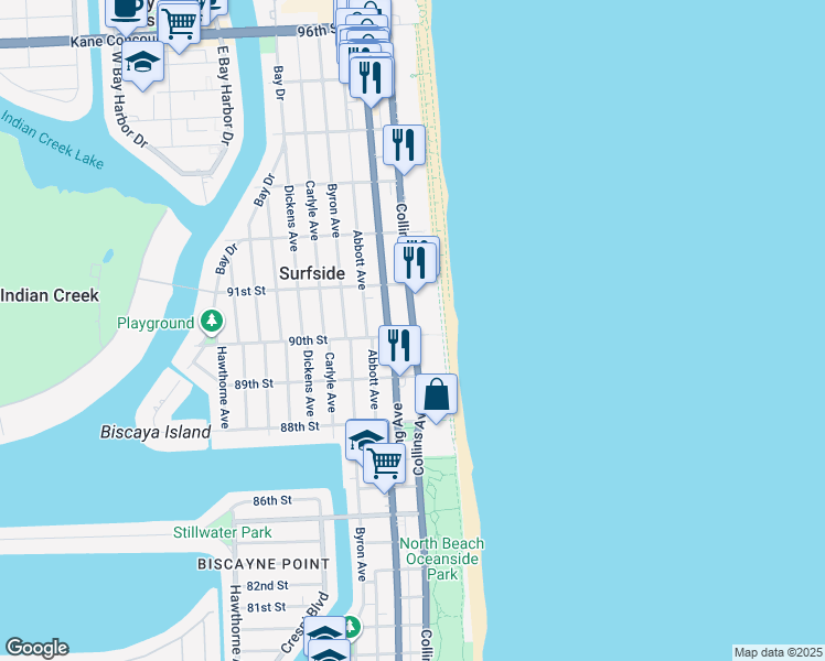 map of restaurants, bars, coffee shops, grocery stores, and more near 8995 Collins Avenue in Surfside