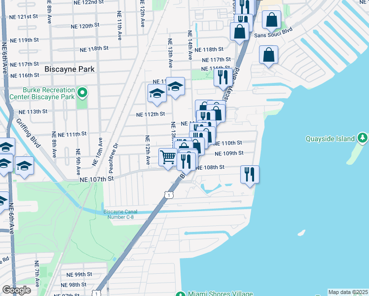map of restaurants, bars, coffee shops, grocery stores, and more near 1358 Northeast 110th Street in Miami