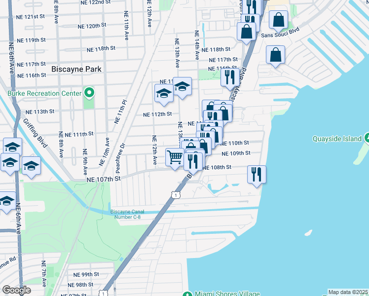 map of restaurants, bars, coffee shops, grocery stores, and more near 1358 Northeast 110th Street in Miami
