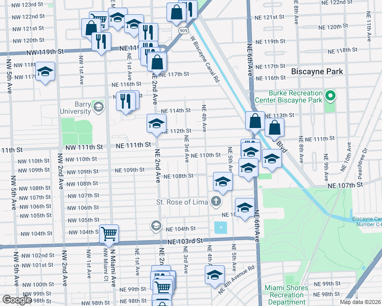 map of restaurants, bars, coffee shops, grocery stores, and more near 11005 Northeast 3rd Avenue in Miami