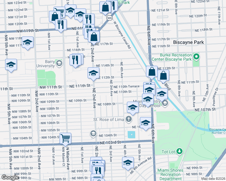 map of restaurants, bars, coffee shops, grocery stores, and more near 11005 Northeast 3rd Avenue in Miami