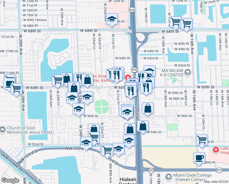 map of restaurants, bars, coffee shops, grocery stores, and more near 2154 West 60th Street in Hialeah
