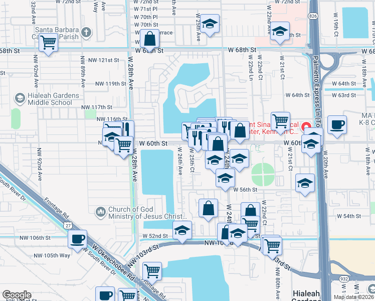 map of restaurants, bars, coffee shops, grocery stores, and more near 5945 West 25th Court in Hialeah