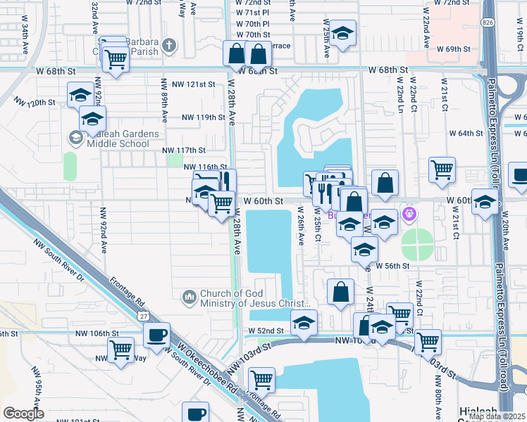 map of restaurants, bars, coffee shops, grocery stores, and more near 2670 West 60th Street in Hialeah