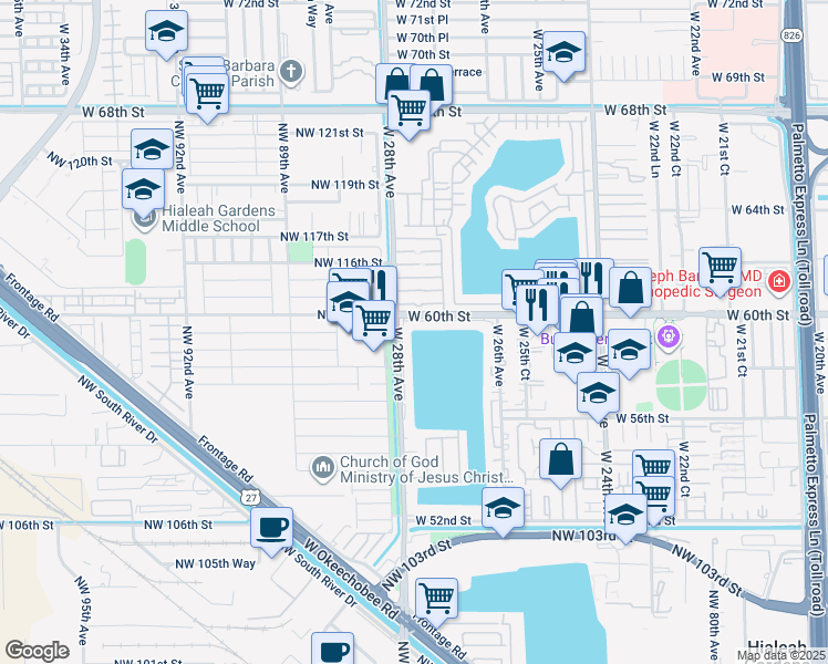 map of restaurants, bars, coffee shops, grocery stores, and more near 5951 West 28th Avenue in Hialeah