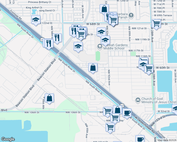 map of restaurants, bars, coffee shops, grocery stores, and more near 11099 Northwest 114th Street in Hialeah Gardens