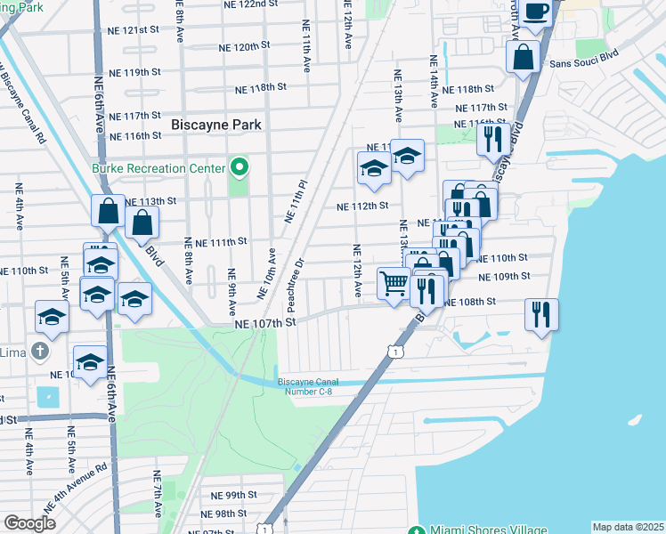 map of restaurants, bars, coffee shops, grocery stores, and more near 1124 Northeast 110th Street in Miami