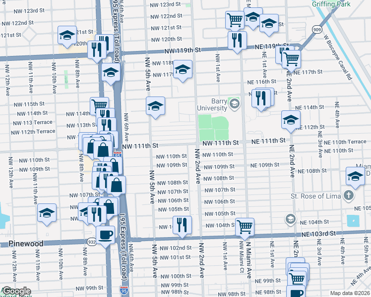 map of restaurants, bars, coffee shops, grocery stores, and more near 258 Northwest 111th Street in Miami Shores