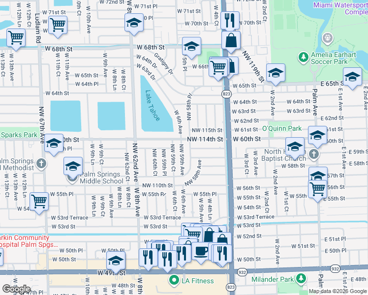 map of restaurants, bars, coffee shops, grocery stores, and more near 11315 Northwest 59th Avenue in Hialeah