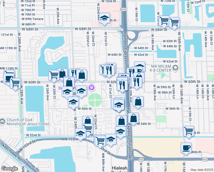 map of restaurants, bars, coffee shops, grocery stores, and more near 2154 West 60th Street in Hialeah