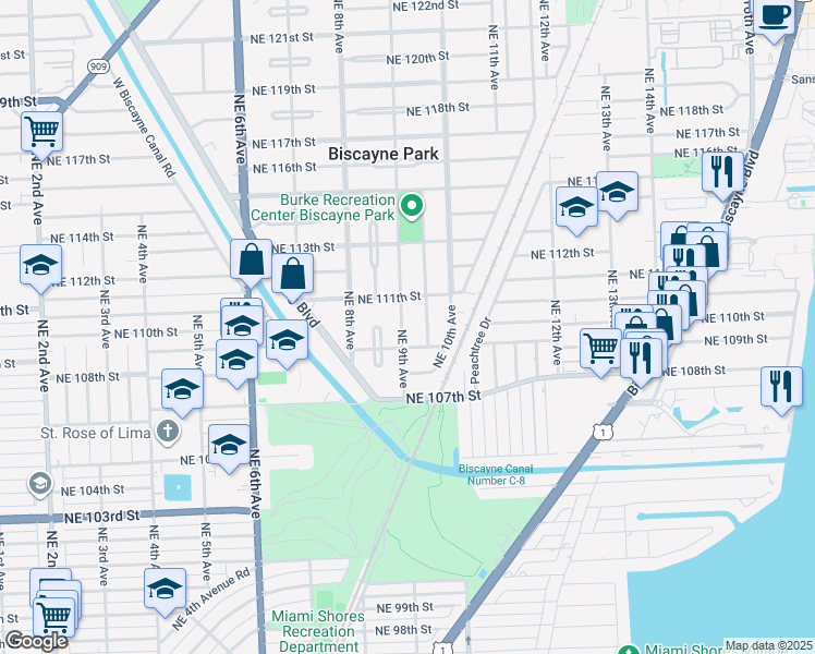 map of restaurants, bars, coffee shops, grocery stores, and more near 11001 Northeast 9th Avenue in Biscayne Park