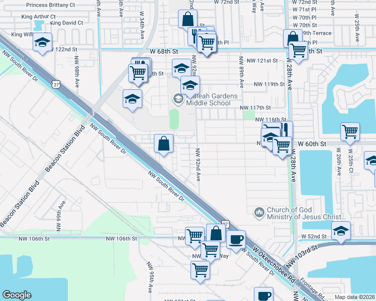 map of restaurants, bars, coffee shops, grocery stores, and more near 10949 Northwest 92nd Avenue in Hialeah Gardens
