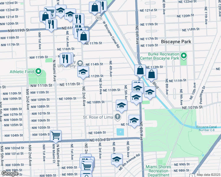 map of restaurants, bars, coffee shops, grocery stores, and more near 11010 Northeast 4th Avenue in Miami