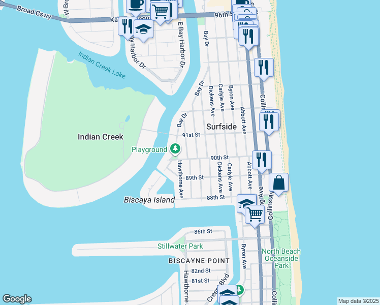 map of restaurants, bars, coffee shops, grocery stores, and more near 9025 Garland Avenue in Surfside