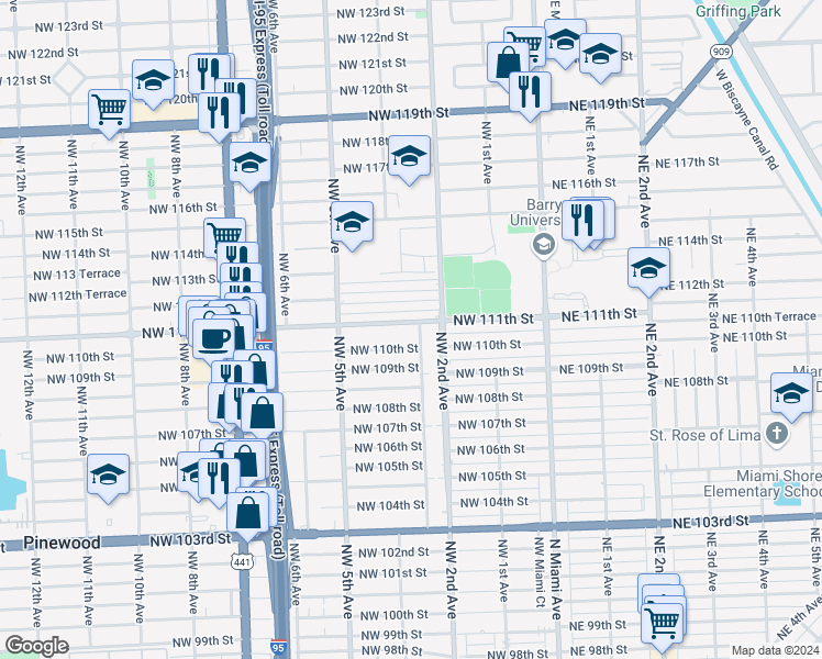 map of restaurants, bars, coffee shops, grocery stores, and more near 258 Northwest 111th Street in Miami Shores