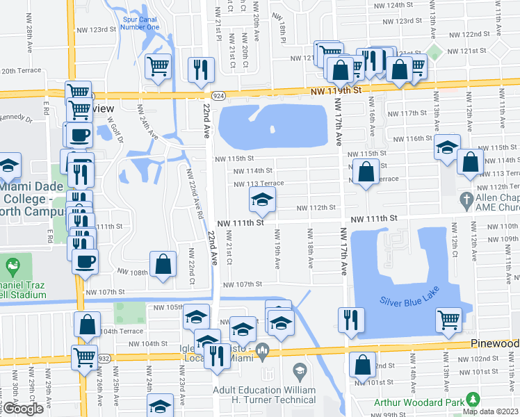 map of restaurants, bars, coffee shops, grocery stores, and more near 2005 Northwest 111th Street in Miami