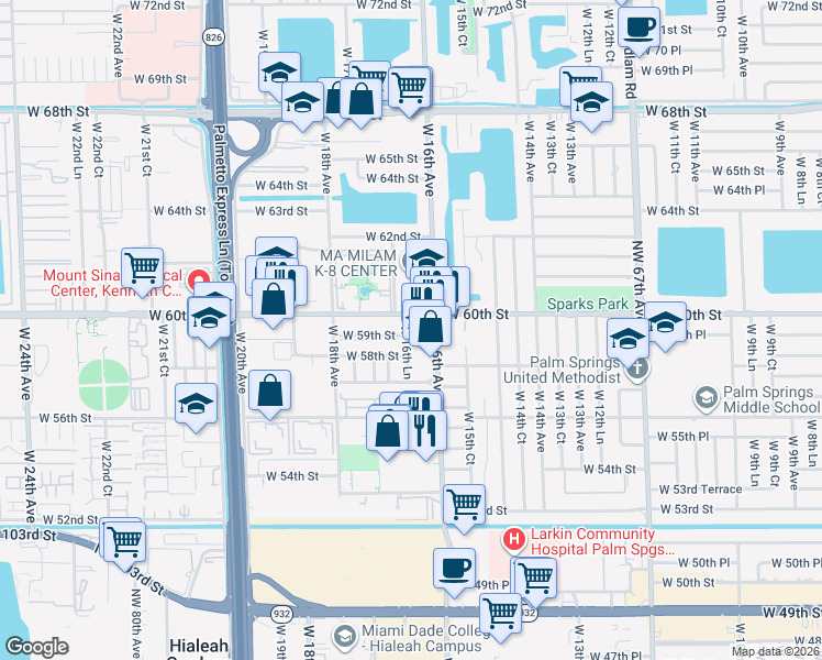 map of restaurants, bars, coffee shops, grocery stores, and more near 5931 West 16th Lane in Hialeah