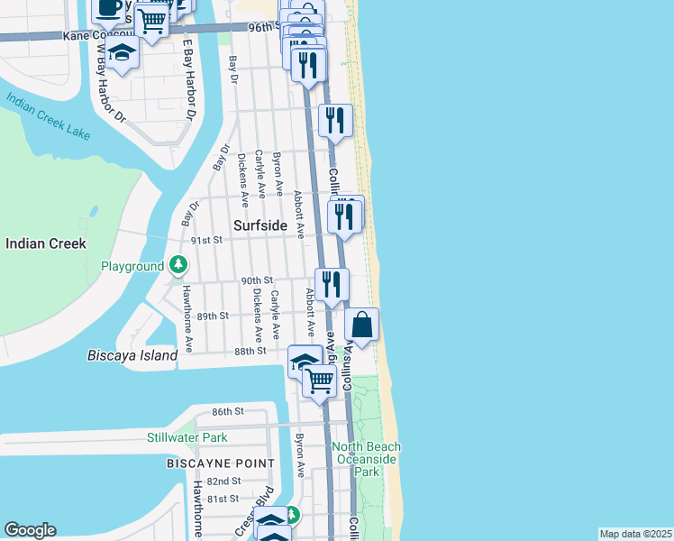 map of restaurants, bars, coffee shops, grocery stores, and more near 9017 Harding Avenue in Surfside