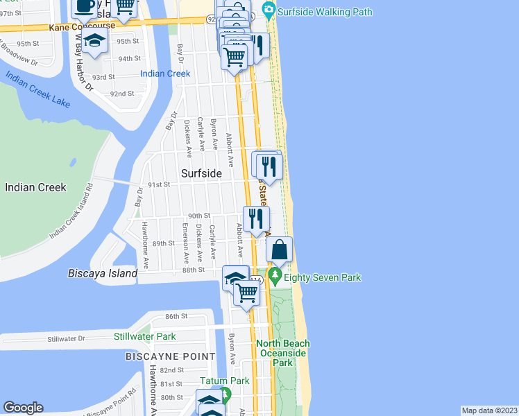 map of restaurants, bars, coffee shops, grocery stores, and more near 9017 Harding Avenue in Surfside