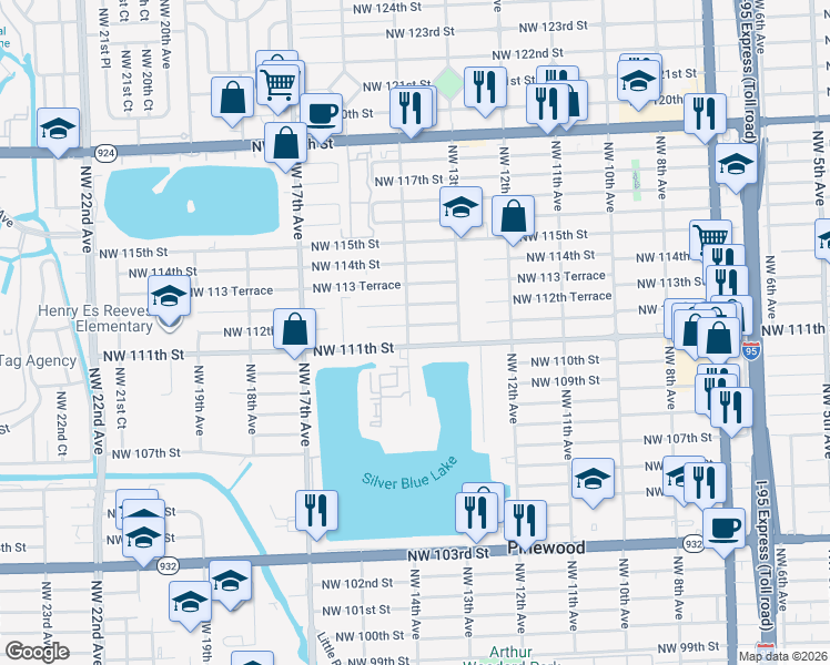 map of restaurants, bars, coffee shops, grocery stores, and more near 1360 Northwest 112th Street in Miami
