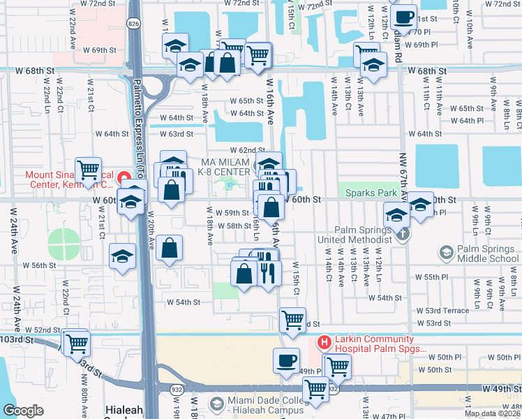 map of restaurants, bars, coffee shops, grocery stores, and more near 5931 West 16th Lane in Hialeah