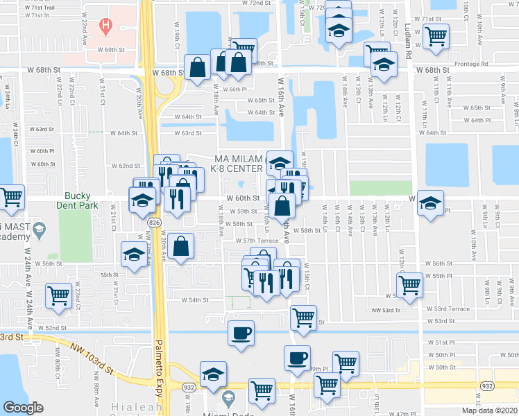 map of restaurants, bars, coffee shops, grocery stores, and more near 1713 West 59th Street in Hialeah