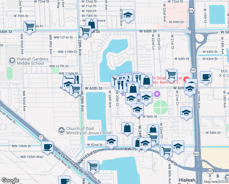 map of restaurants, bars, coffee shops, grocery stores, and more near 5945 West 25th Court in Hialeah