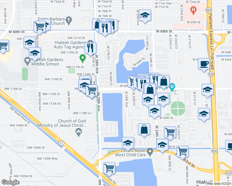 map of restaurants, bars, coffee shops, grocery stores, and more near 2670 West 60th Street in Hialeah