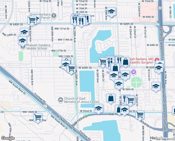 map of restaurants, bars, coffee shops, grocery stores, and more near 2670 West 60th Street in Hialeah