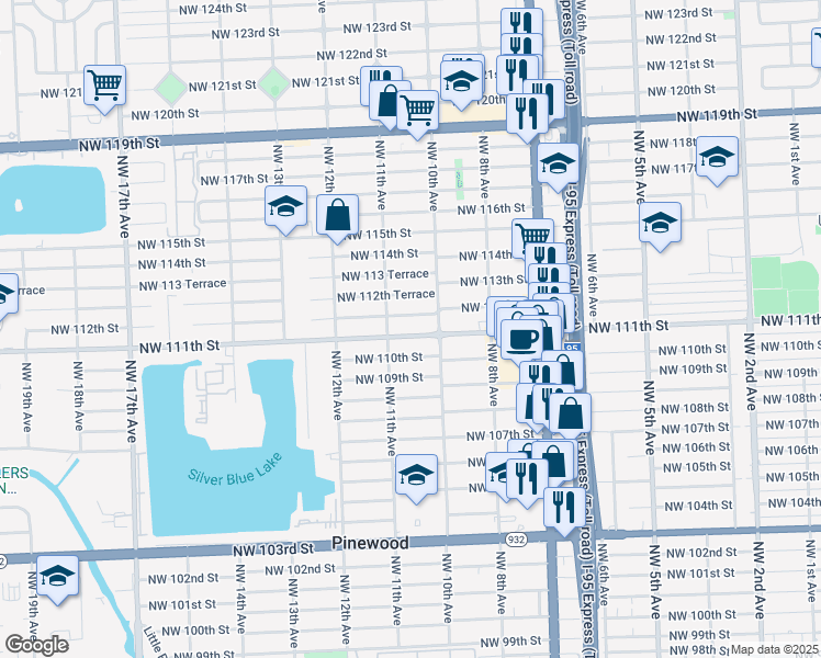 map of restaurants, bars, coffee shops, grocery stores, and more near 1045 Northwest 111th Street in Miami