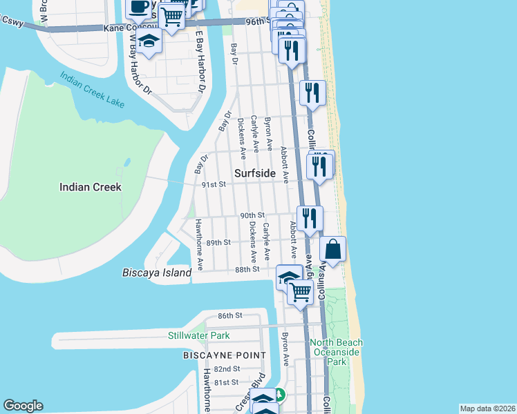 map of restaurants, bars, coffee shops, grocery stores, and more near 9016 Carlyle Avenue in Surfside